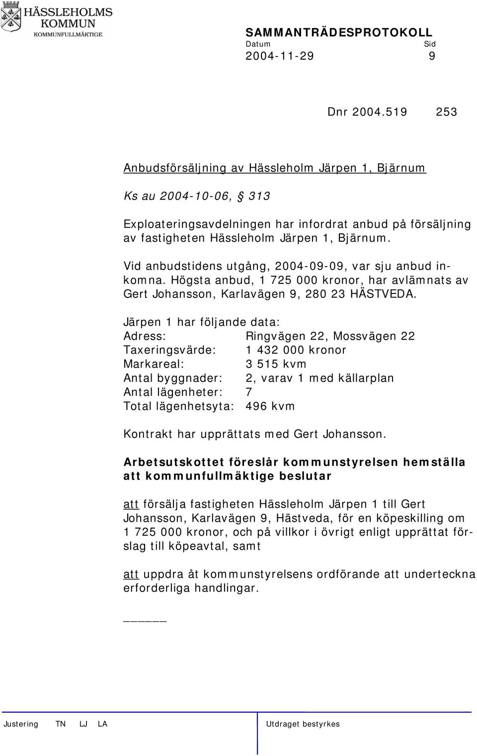 Vid anbudstidens utgång, 2004-09-09, var sju anbud inkomna. Högsta anbud, 1 725 000 kronor, har avlämnats av Gert Johansson, Karlavägen 9, 280 23 HÄSTVEDA.