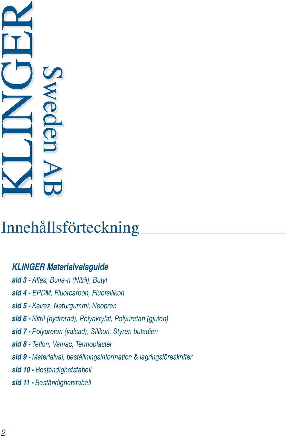 Polyuretan (gjuten) sid 7 - Polyuretan (valsad), Silikon, Styren butadien sid 8 - Teflon, Vamac, Termoplaster sid