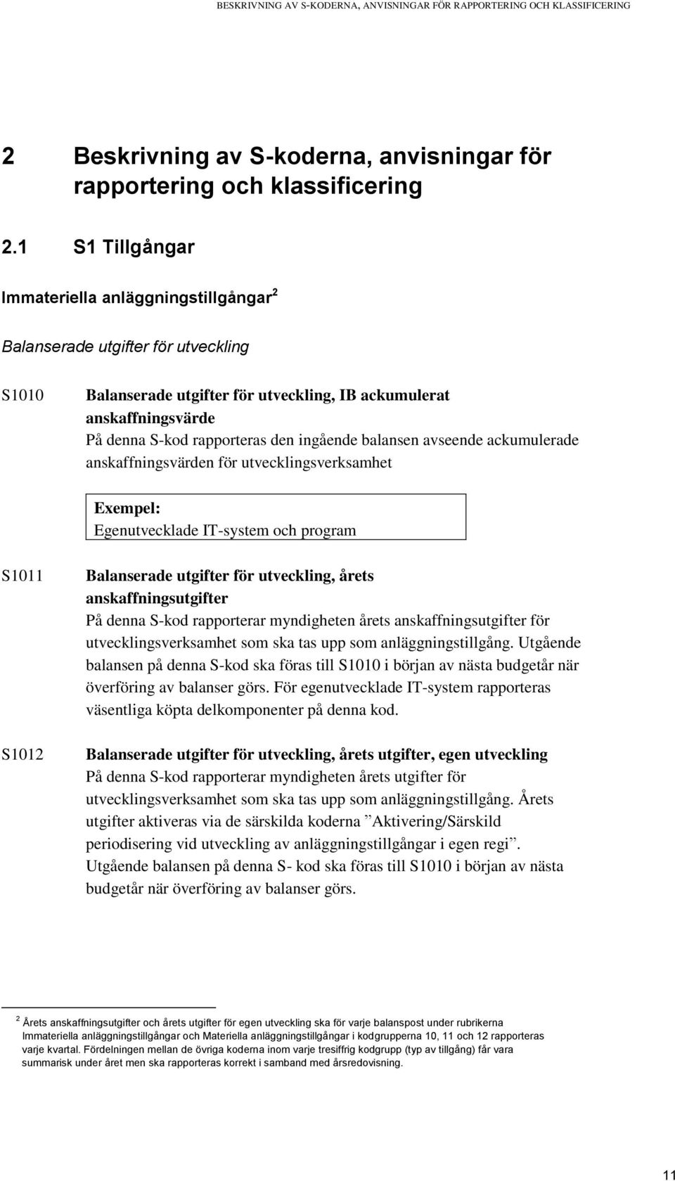 ingående balansen avseende ackumulerade anskaffningsvärden för utvecklingsverksamhet Exempel: Egenutvecklade IT-system och program S1011 S1012 Balanserade utgifter för utveckling, årets