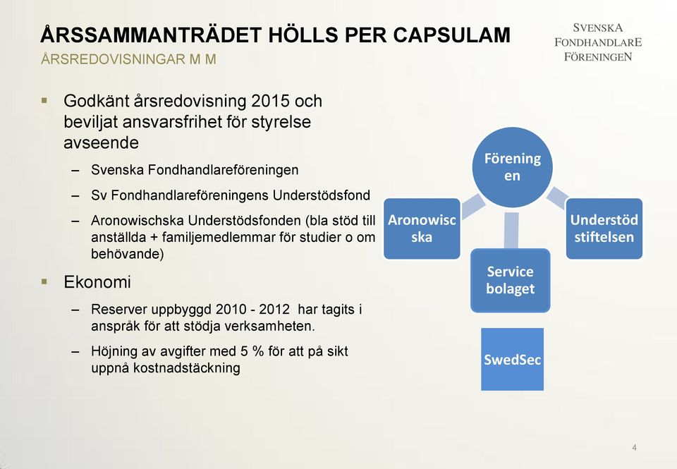 anställda + familjemedlemmar för studier o om behövande) Ekonomi Aronowisc ska Service bolaget Understöd stiftelsen Reserver uppbyggd