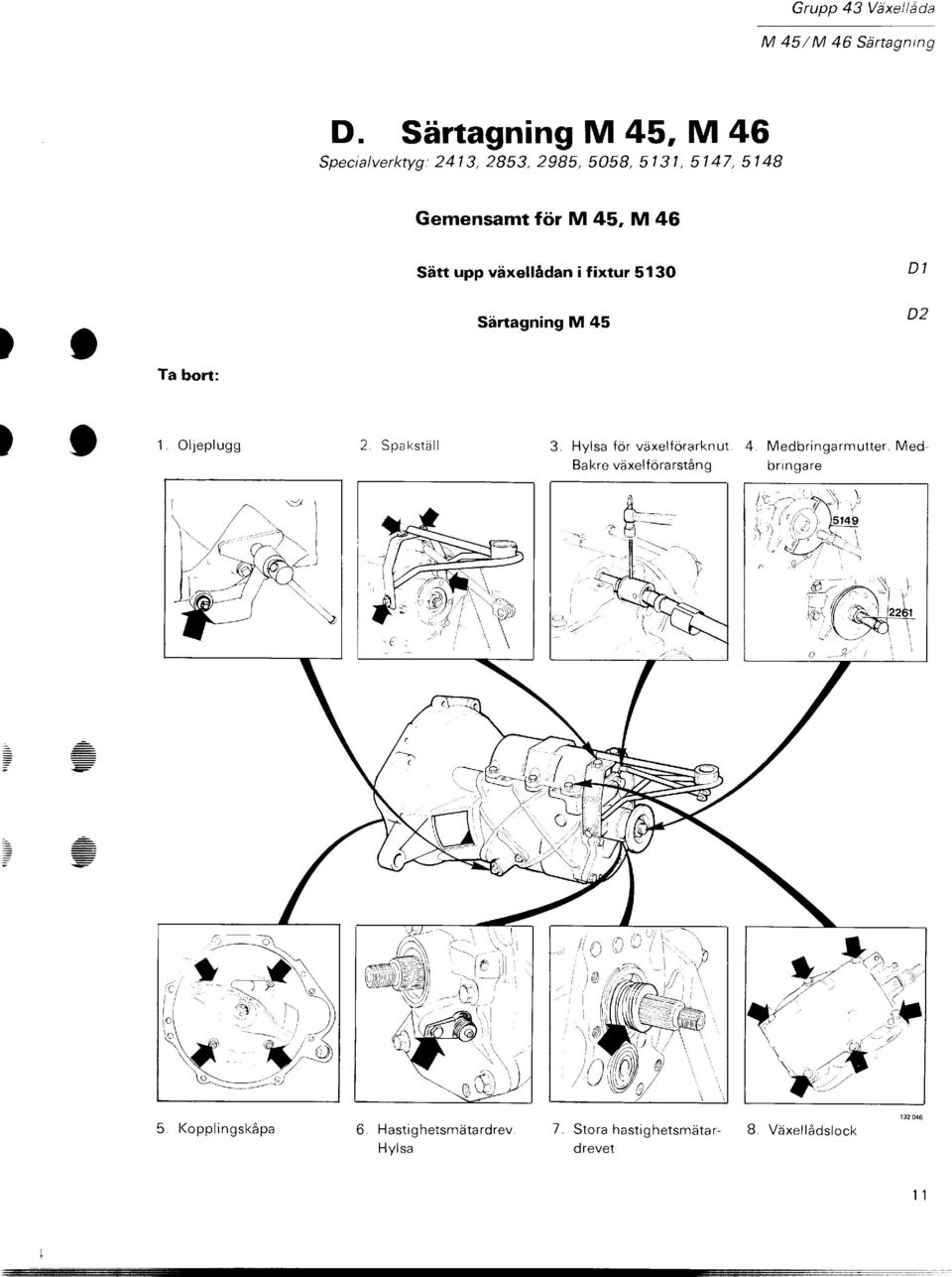 Sätt upp växellådan i fixtur 5130 D1 Ta bort: Särtagning M 45 D2 1 Oljeplugg 2 Spakställ 3.