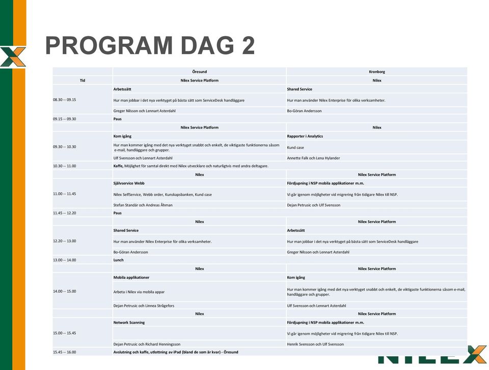 30 Paus Greger Nilsson och Lennart Asterdahl Bo-Göran Andersson Nilex Service Platform Nilex 09.30 -- 10.