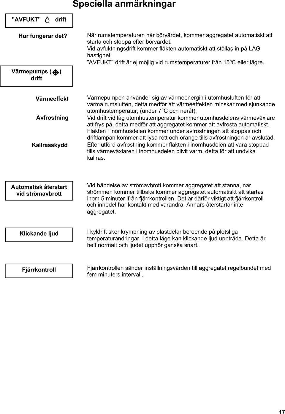 Värmeeffekt Avfrostning Kallrasskydd Värmepumpen använder sig av värmeenergin i utomhusluften för att värma rumsluften, detta medför att värmeeffekten minskar med sjunkande utomhustemperatur, (under