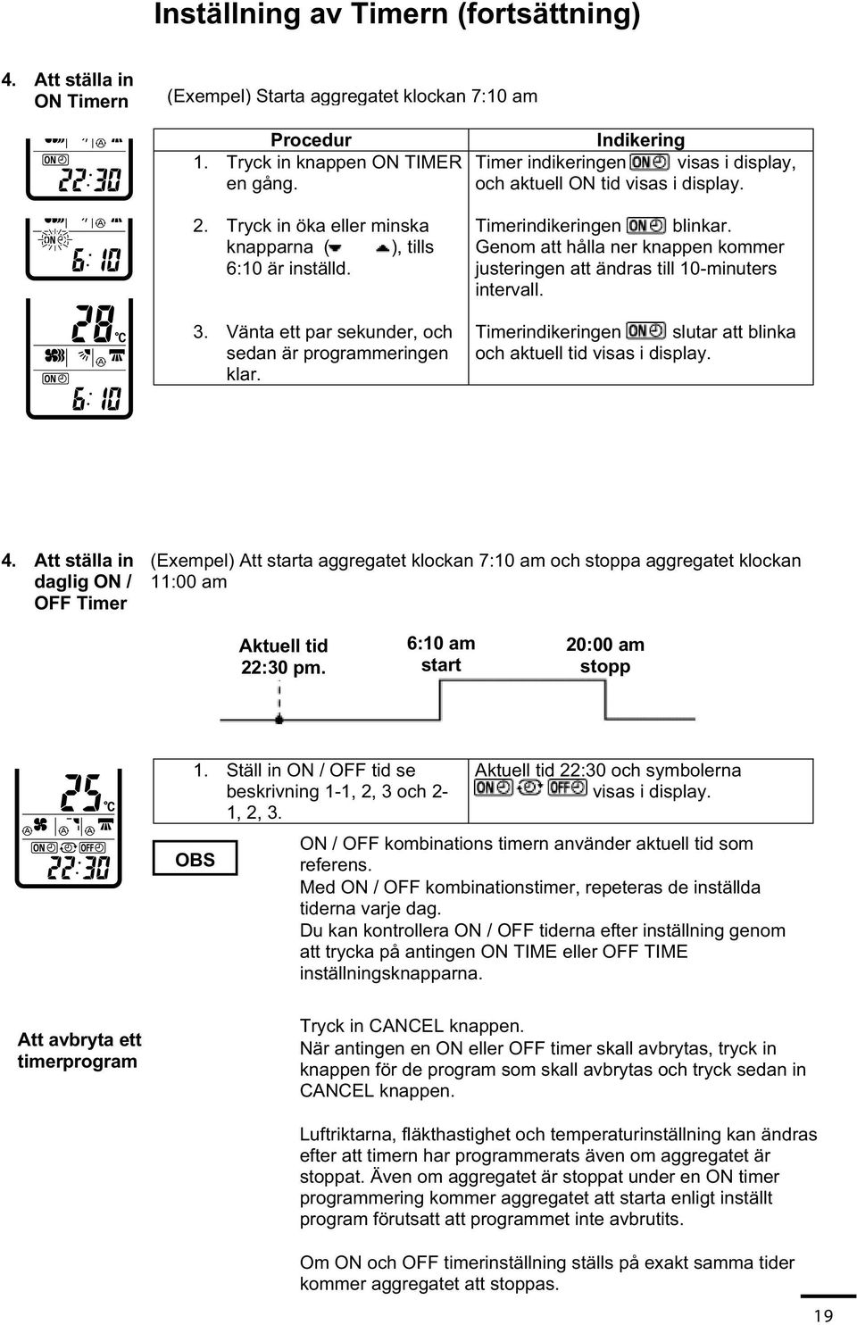 Indikering Timer indikeringen visas i display, och aktuell ON tid visas i display. Timerindikeringen blinkar. Genom att hålla ner knappen kommer justeringen att ändras till 10-minuters intervall.