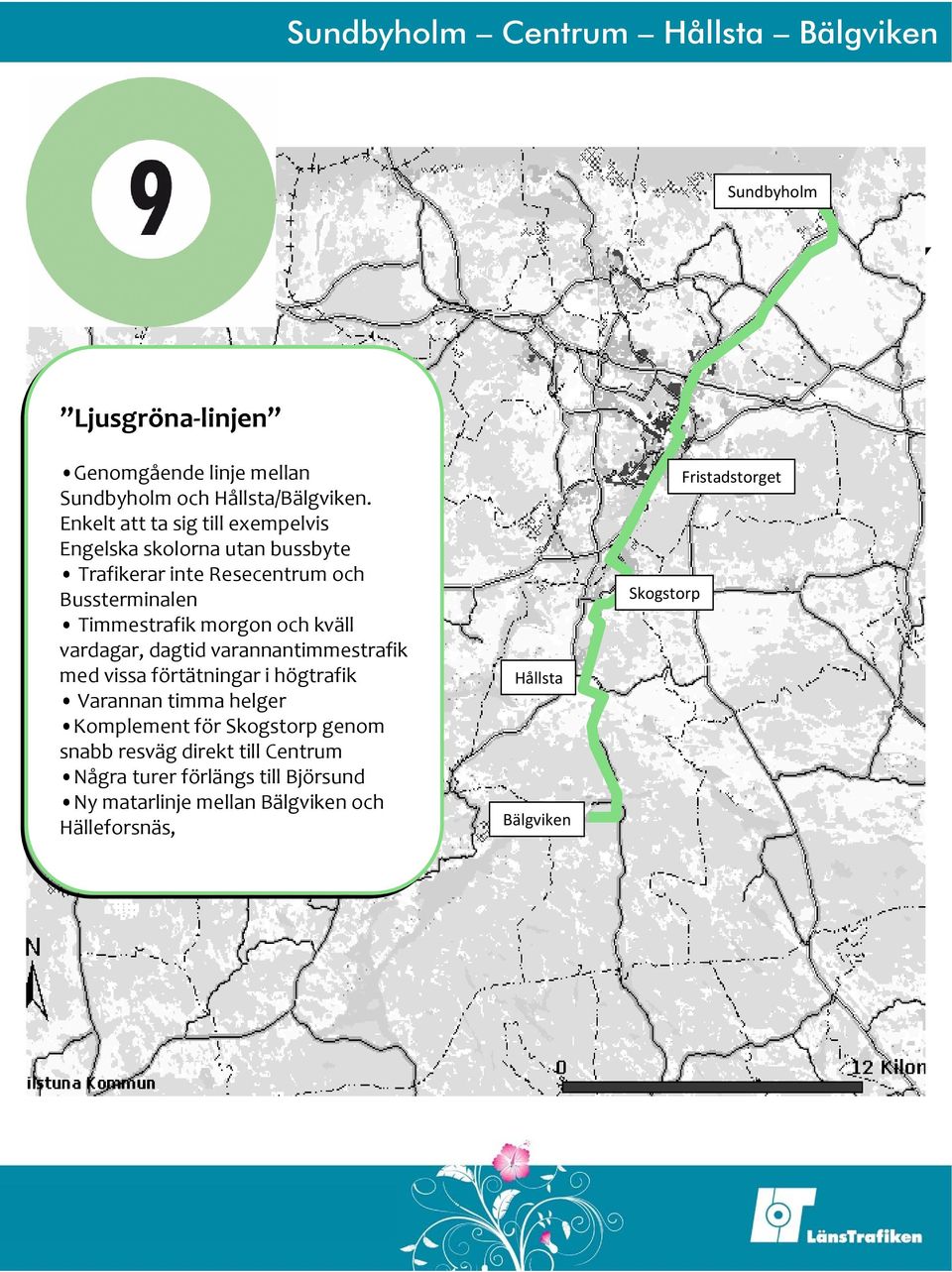 morgon och kväll vardagar, dagtid varannantimmestrafik med vissa förtätningar i i högtrafik Varannan timma helger Komplement för