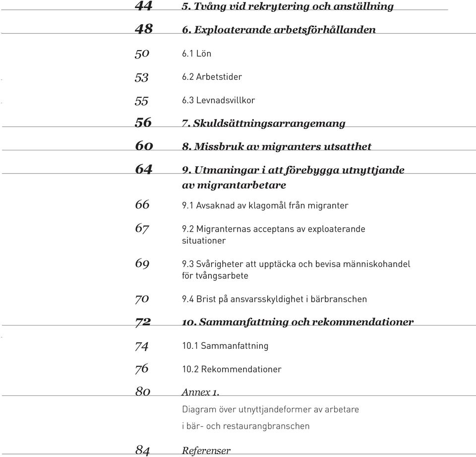 2 Migranternas acceptans av exploaterande situationer 9.3 Svårigheter att upptäcka och bevisa människohandel för tvångsarbete 9.