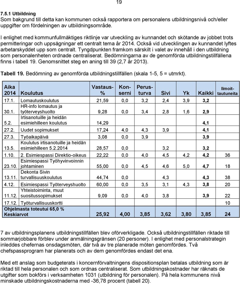 Också vid utvecklingen av kunnandet lyftes arbetarskyddet upp som centralt. Tyngdpunkten framkom särskilt i valet av innehåll i den utbildning som personalenheten ordnade centraliserat.