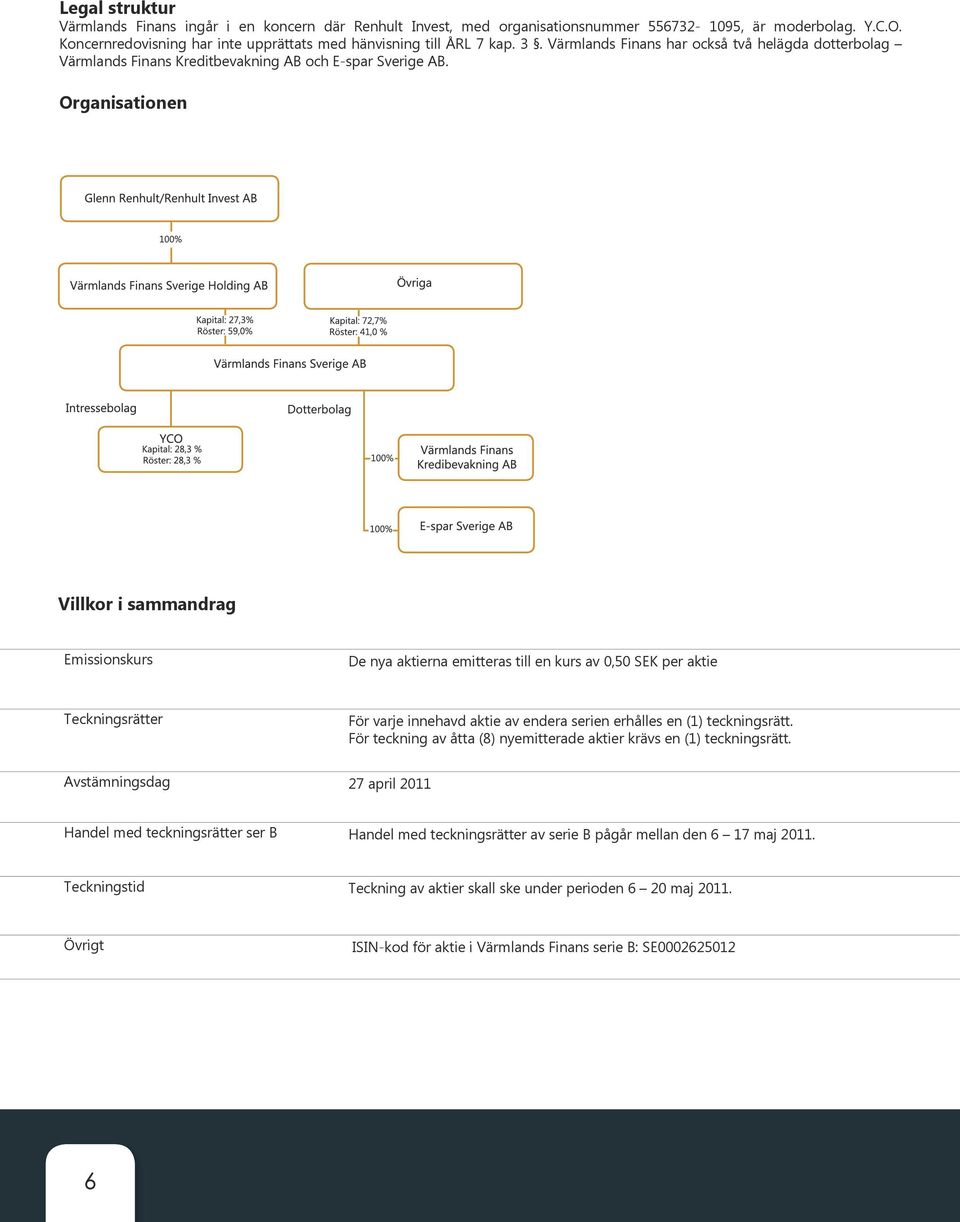 Organisationen Villkor i sammandrag Emissionskurs De nya aktierna emitteras till en kurs av 0,50 SEK per aktie Teckningsrätter För varje innehavd aktie av endera serien erhålles en (1) teckningsrätt.