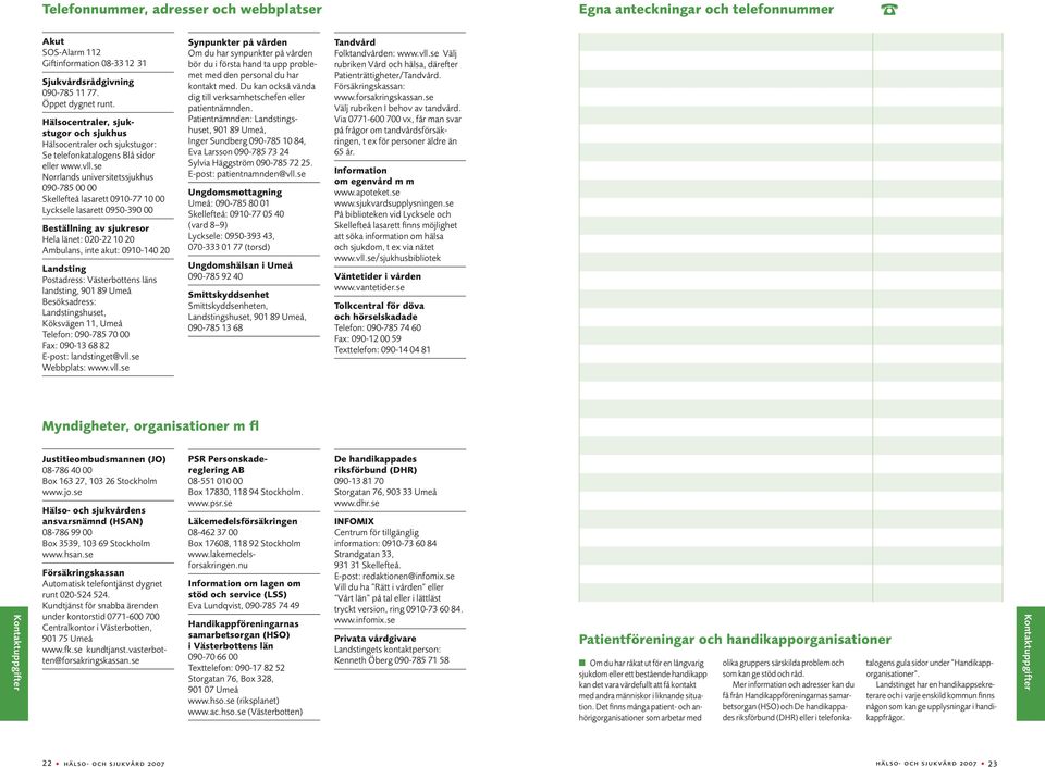 se Norrlands universitetssjukhus 090-785 00 00 Skellefteå lasarett 0910-77 10 00 Lycksele lasarett 0950-390 00 Beställning av sjukresor Hela länet: 020-22 10 20 Ambulans, inte akut: 0910-140 20