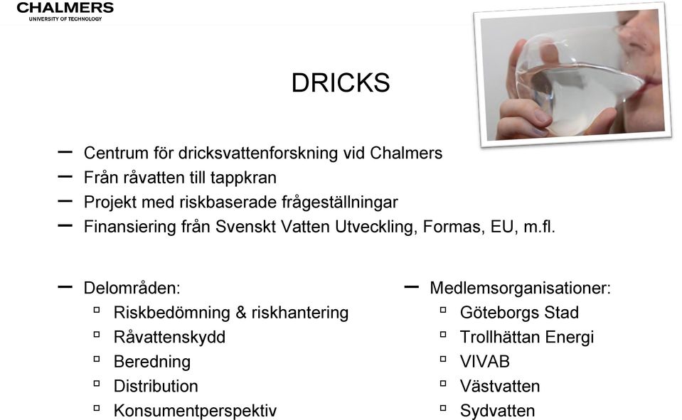 fl. Delområden: Riskbedömning & riskhantering Råvattenskydd Beredning Distribution