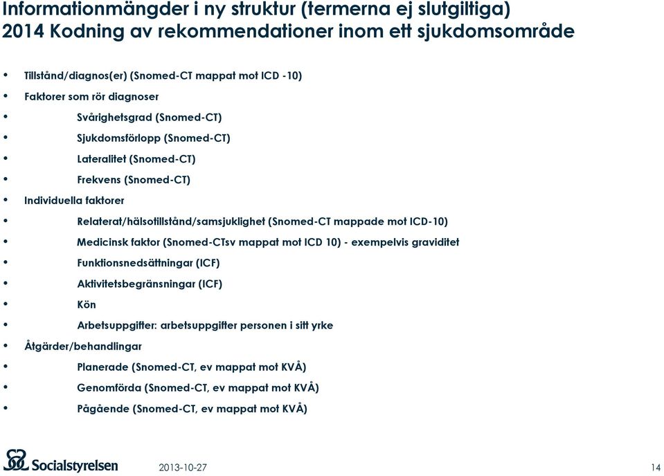 (Snomed-CT mappade mot ICD-10) Medicinsk faktor (Snomed-CTsv mappat mot ICD 10) - exempelvis graviditet Funktionsnedsättningar (ICF) Aktivitetsbegränsningar (ICF) Kön Arbetsuppgifter: