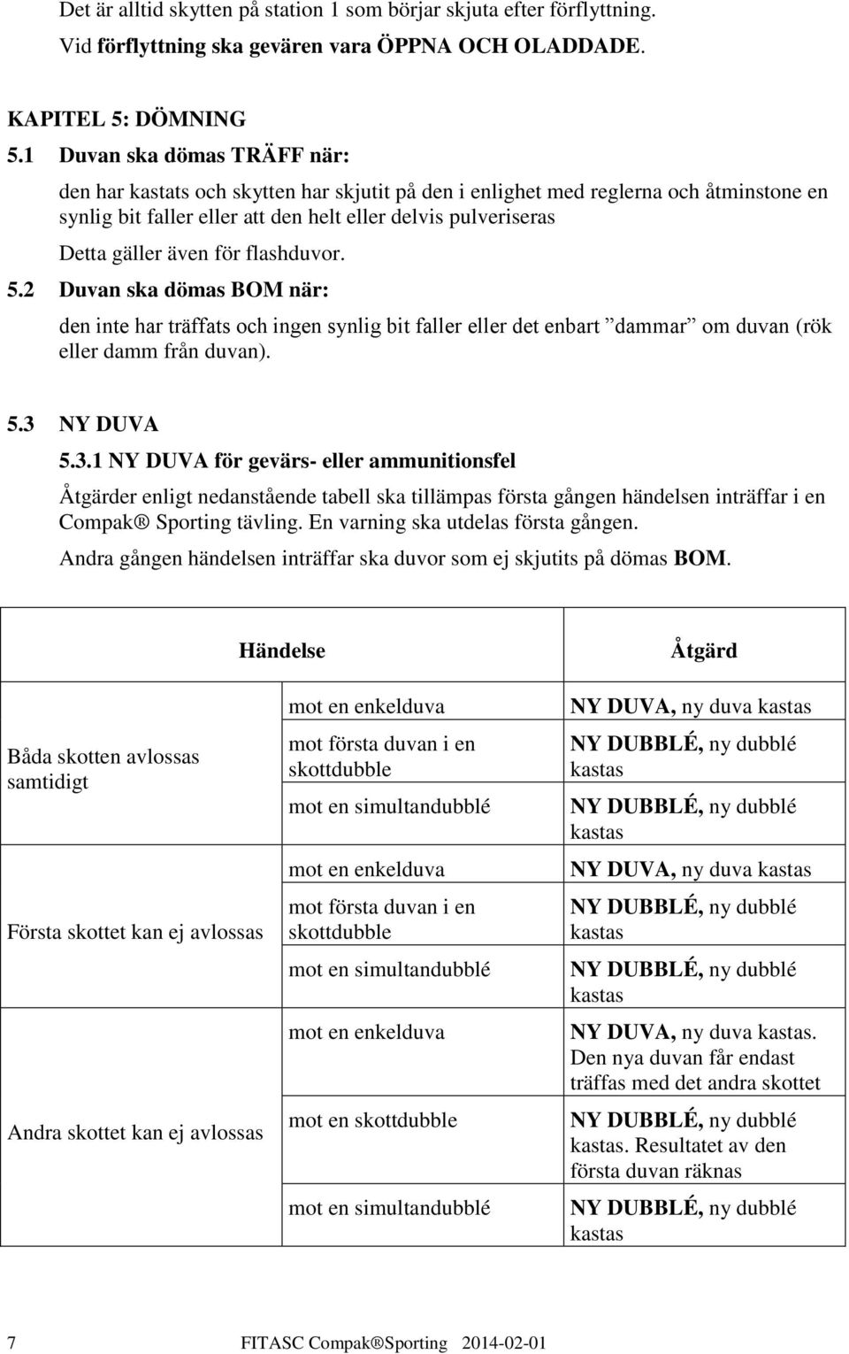 för flashduvor. 5.2 Duvan ska dömas BOM när: den inte har träffats och ingen synlig bit faller eller det enbart dammar om duvan (rök eller damm från duvan). 5.3 