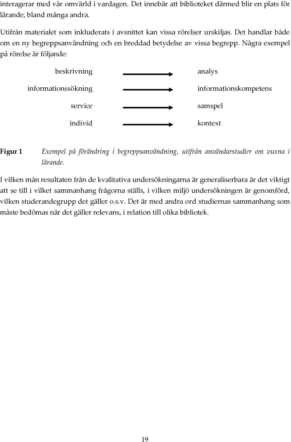 Några exempel på rörelse är följande: beskrivning informationssökning service individ analys informationskompetens samspel kontext Figur 1 Exempel på förändring i begreppsanvändning, utifrån