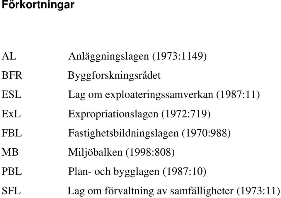 FBL Fastighetsbildningslagen (1970:988) MB Miljöbalken (1998:808) PBL