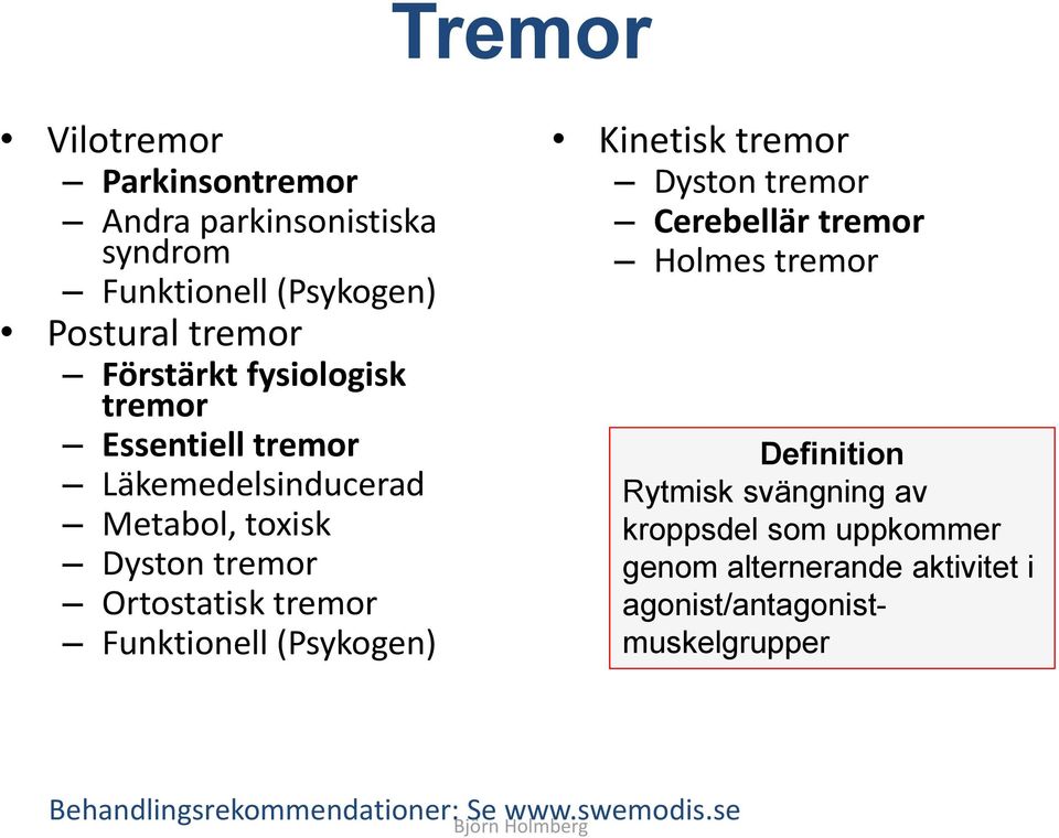 (Psykogen) Kinetisk tremor Dyston tremor Cerebellär tremor Holmes tremor Definition Rytmisk svängning av kroppsdel