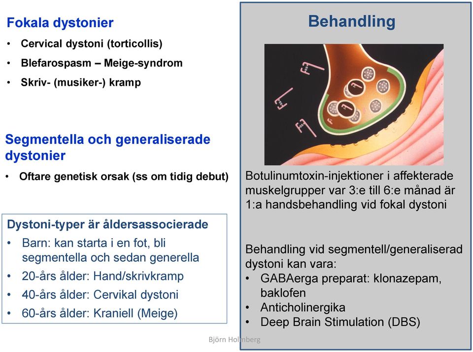 Dystoni-typer är åldersassocierade Barn: kan starta i en fot, bli segmentella och sedan generella 20-års ålder: Hand/skrivkramp 40-års ålder: Cervikal dystoni