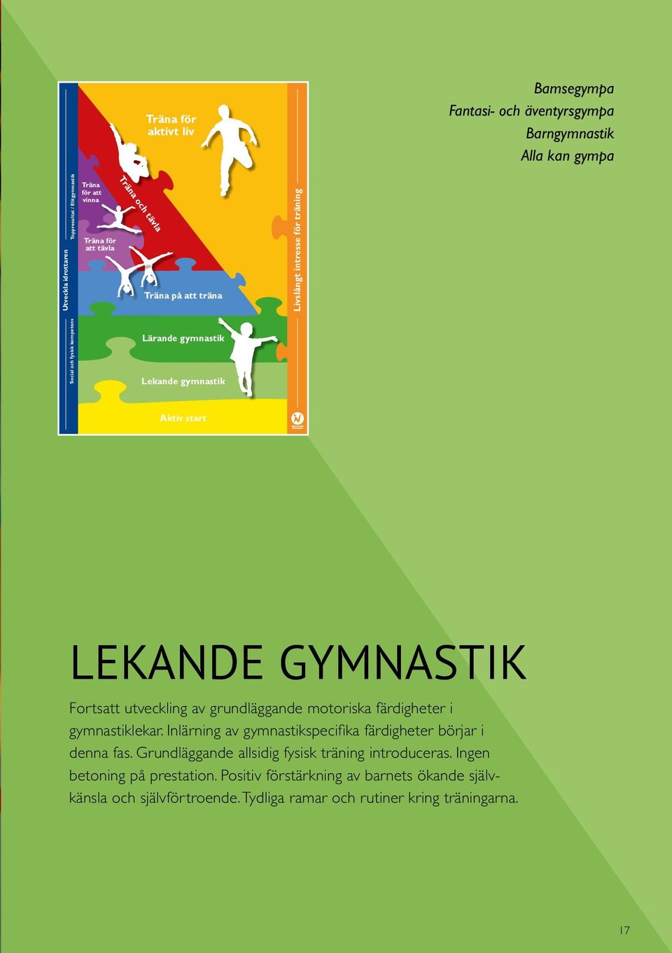 Fortsatt utveckling av grundläggande motoriska färdigheter i gymnastiklekar. Inlärning av gymnastikspecifika färdigheter börjar i denna fas.