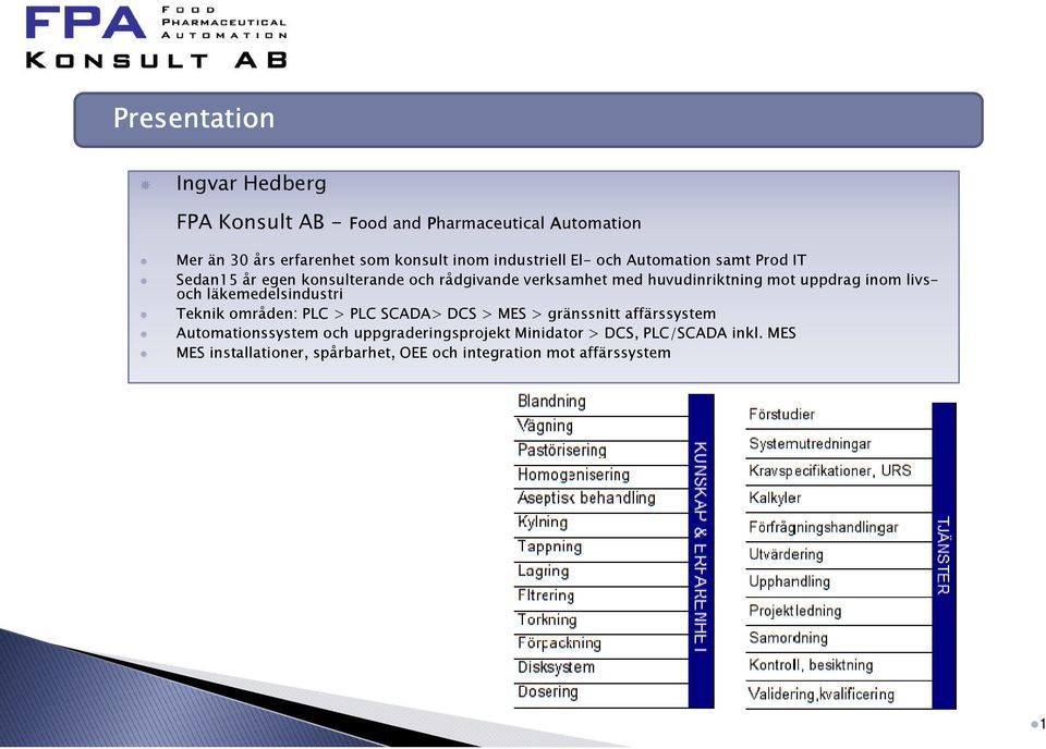 huvudinriktning mot uppdrag inom livsoch läkemedelsindustri Teknik områden: PLC > PLC SCADA> DCS > MES > gränssnitt affärssystem