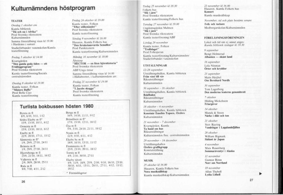 teaterför~ninpjsoclala c~ntralnimnd~n Onsdag 8 oklothr kf f9,oo Kumla teater. Folkan "Mbteru Buffo" Prod Bella Ciao Kumla leaterföremng Turlista bokbussen hösten 1980 Byrsta m fl 819. ()'lo. 3111.