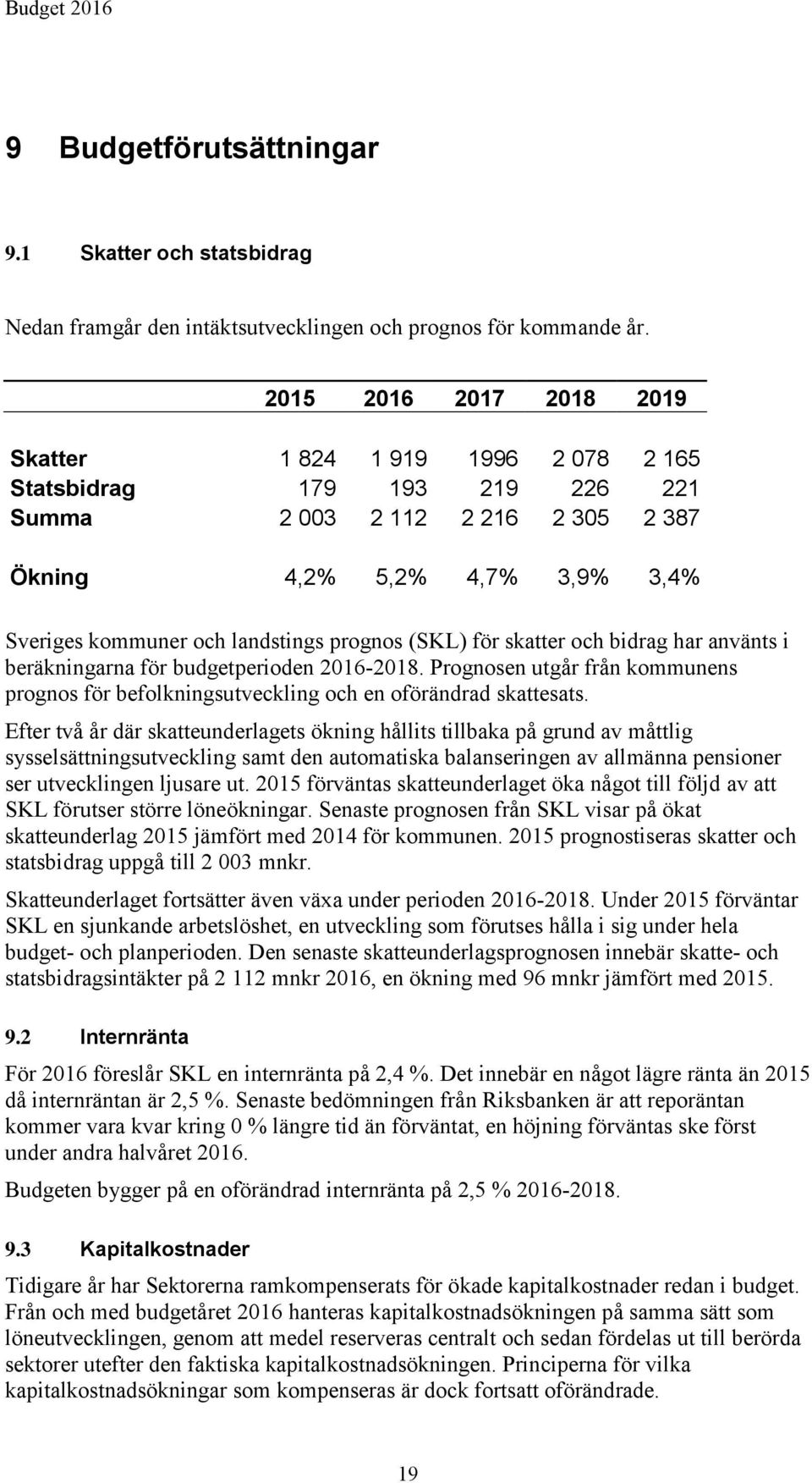 prognos (SKL) för skatter och bidrag har använts i beräkningarna för budgetperioden 2016-2018. Prognosen utgår från kommunens prognos för befolkningsutveckling och en oförändrad skattesats.