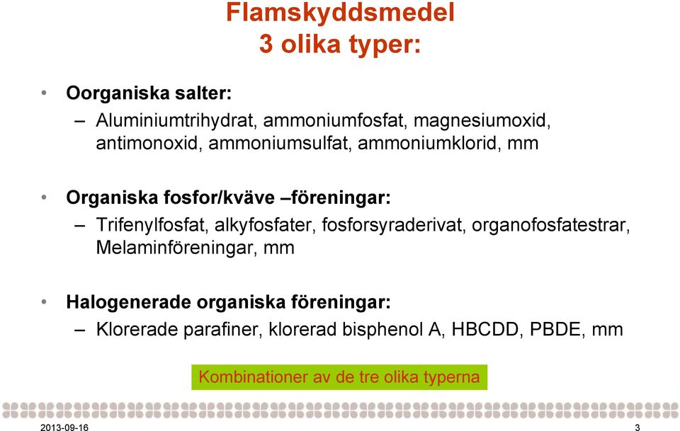 alkyfosfater, fosforsyraderivat, organofosfatestrar, Melaminföreningar, mm Halogenerade organiska