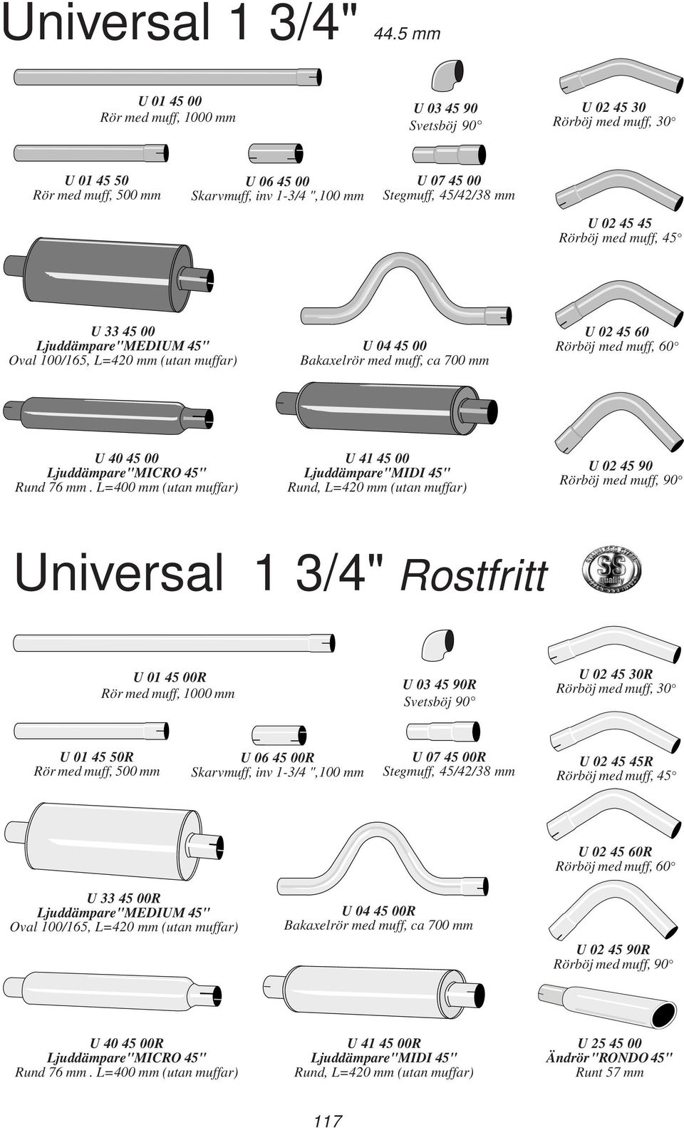 muffar) U 04 45 00 U 02 45 60 U 40 45 00 Ljuddämpare"MICRO 45" Rund 76 mm.