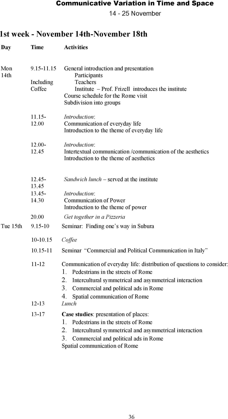 Frizell introduces the institute Course schedule for the Rome visit Subdivision into groups Introduction: Communication of everyday life Introduction to the theme of everyday life Introduction: