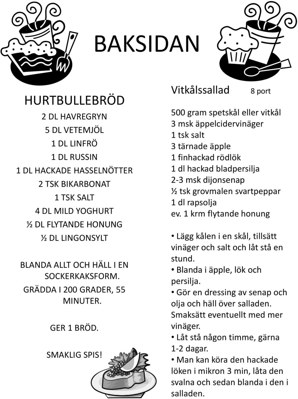 Vitkålssallad 8 port 500 gram spetskål eller vitkål 3 msk äppelcidervinäger 1 tsk salt 3 tärnade äpple 1 finhackad rödlök 1 dl hackad bladpersilja 2-3 msk dijonsenap ½ tsk grovmalen svartpeppar 1 dl