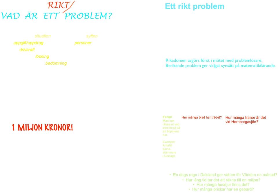 vissa normer Ett rikt problem 1.... innehåller viktiga matematiska idéer / lösningsstrategier 2.... är lätt att förstå, god möjlighet att arbeta med för alla 3.