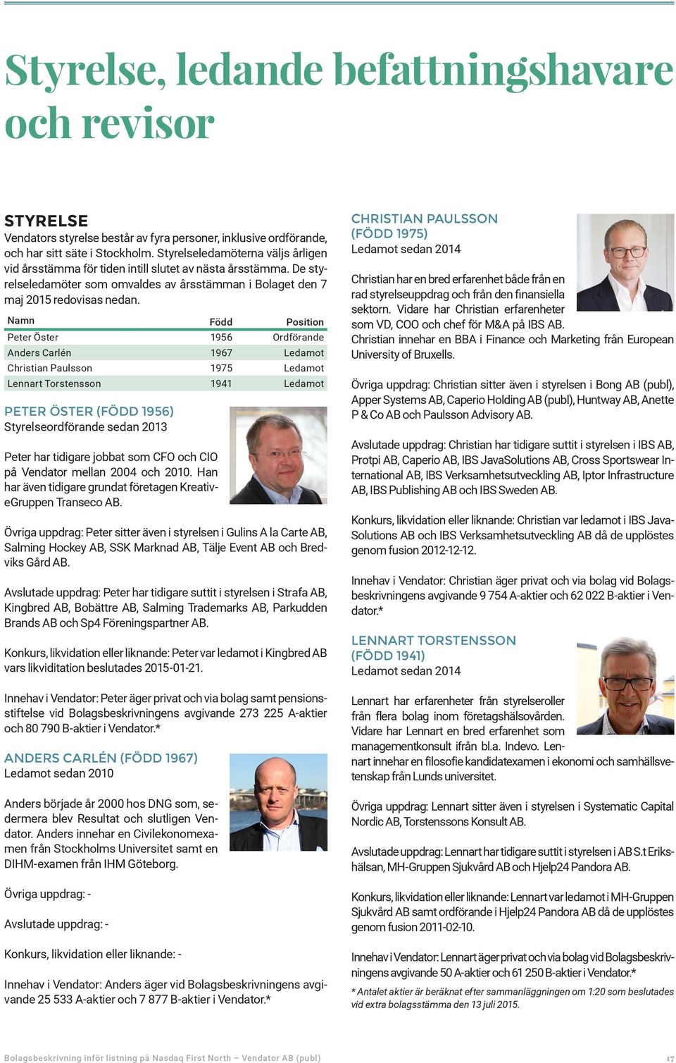 Namn Född Position Peter Öster 1956 Ordförande Anders Carlén 1967 Ledamot Christian Paulsson 1975 Ledamot Lennart Torstensson 1941 Ledamot PETER ÖSTER (FÖDD 1956) Styrelseordförande sedan 2013 Peter