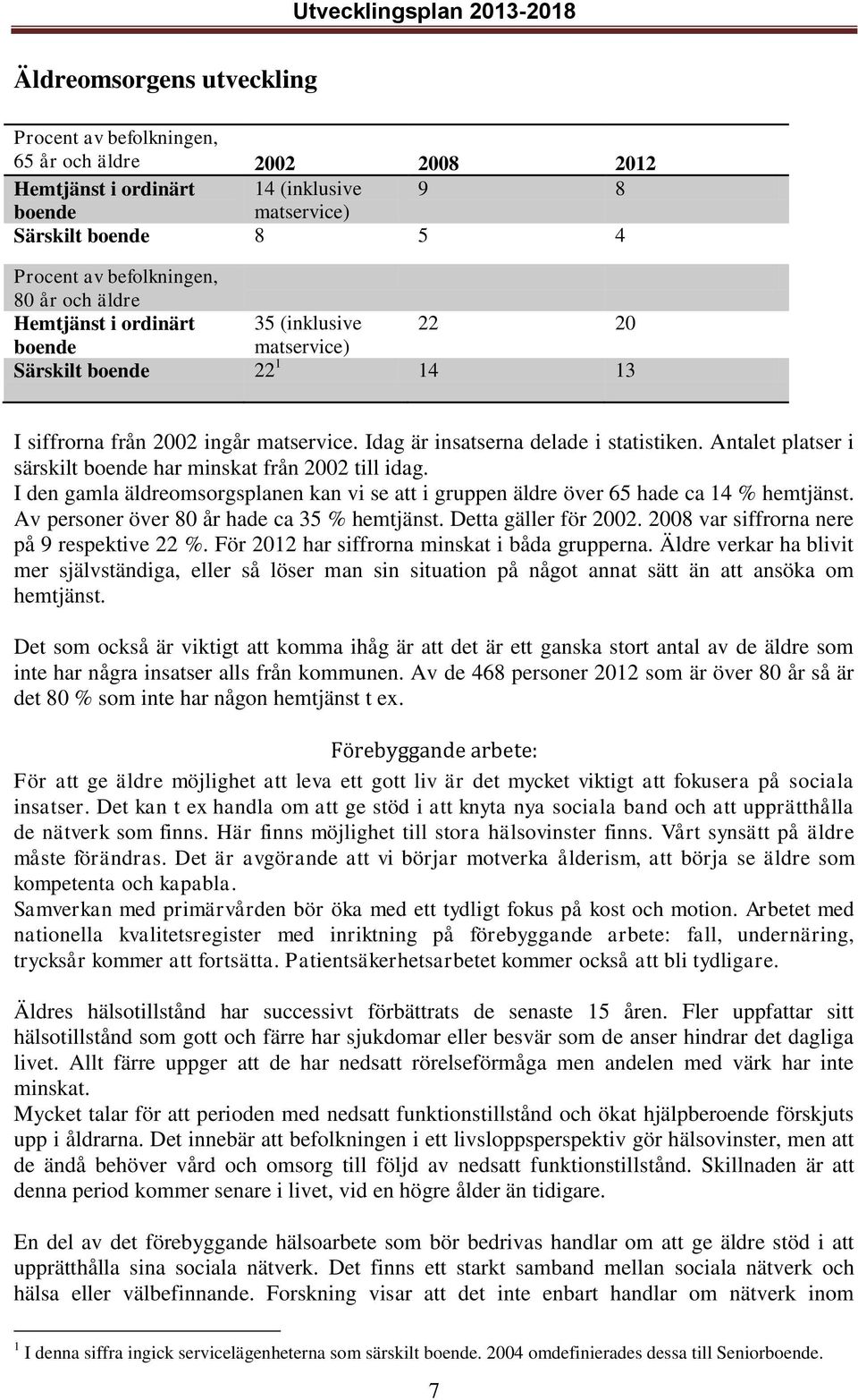 Antalet platser i särskilt boende har minskat från 2002 till idag. I den gamla äldreomsorgsplanen kan vi se att i gruppen äldre över 65 hade ca 14 % hemtjänst.