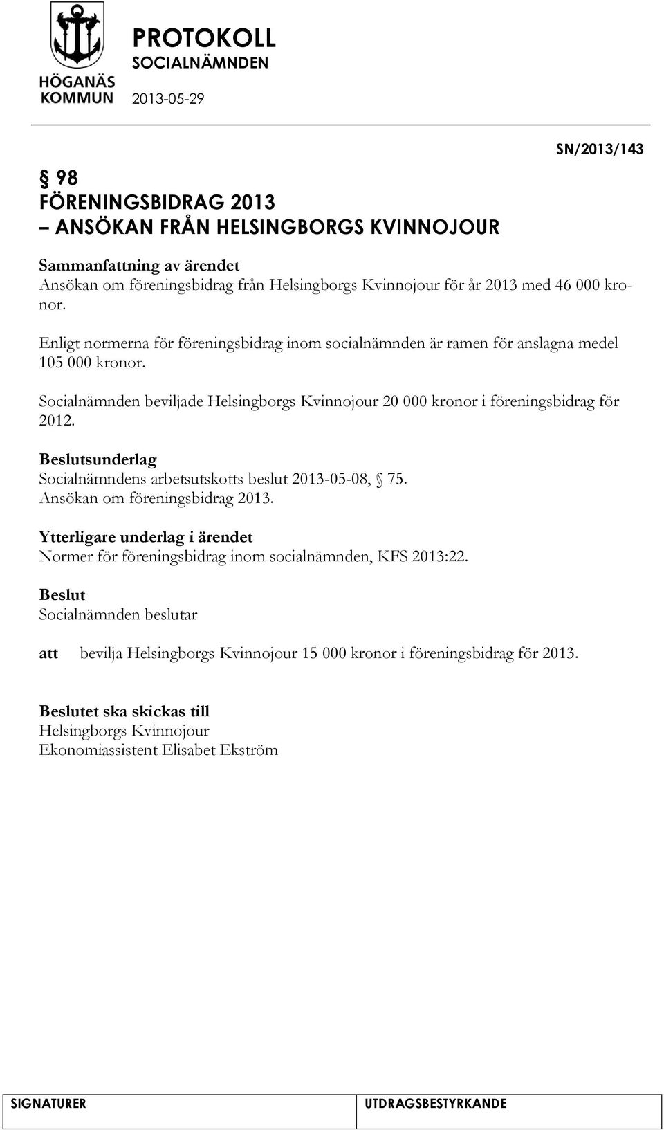 Socialnämnden beviljade Helsingborgs Kvinnojour 20 000 kronor i föreningsbidrag för 2012. sunderlag Socialnämndens arbetsutskotts beslut 2013-05-08, 75.