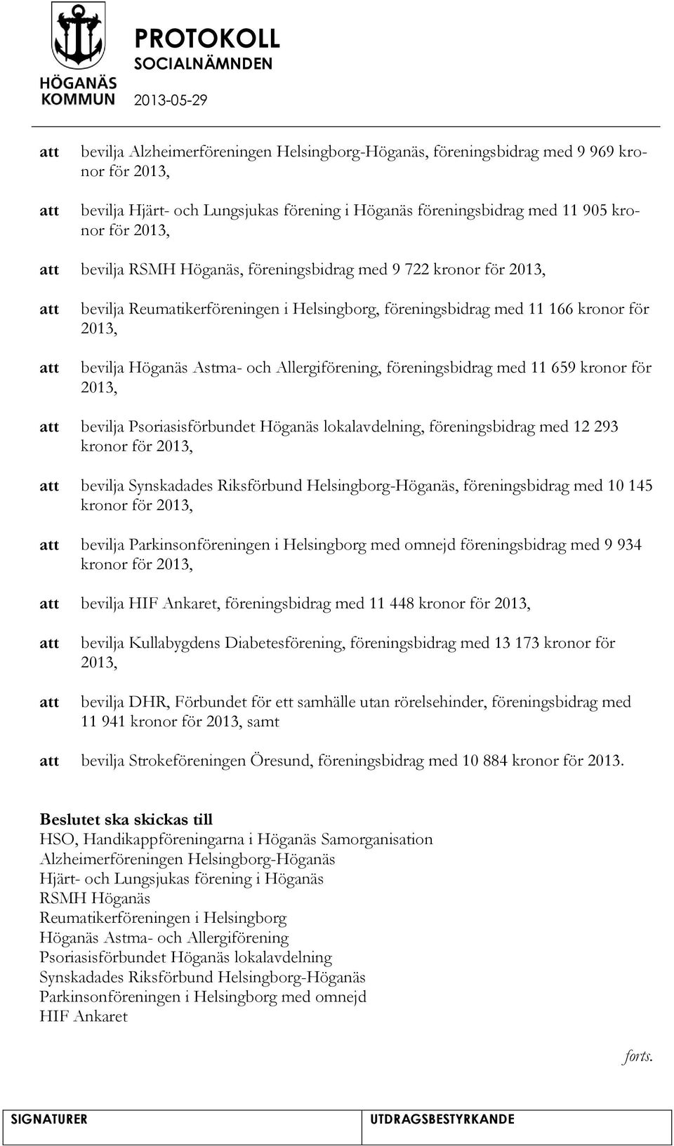 med 11 659 kronor för 2013, bevilja Psoriasisförbundet Höganäs lokalavdelning, föreningsbidrag med 12 293 kronor för 2013, bevilja Synskadades Riksförbund Helsingborg-Höganäs, föreningsbidrag med 10