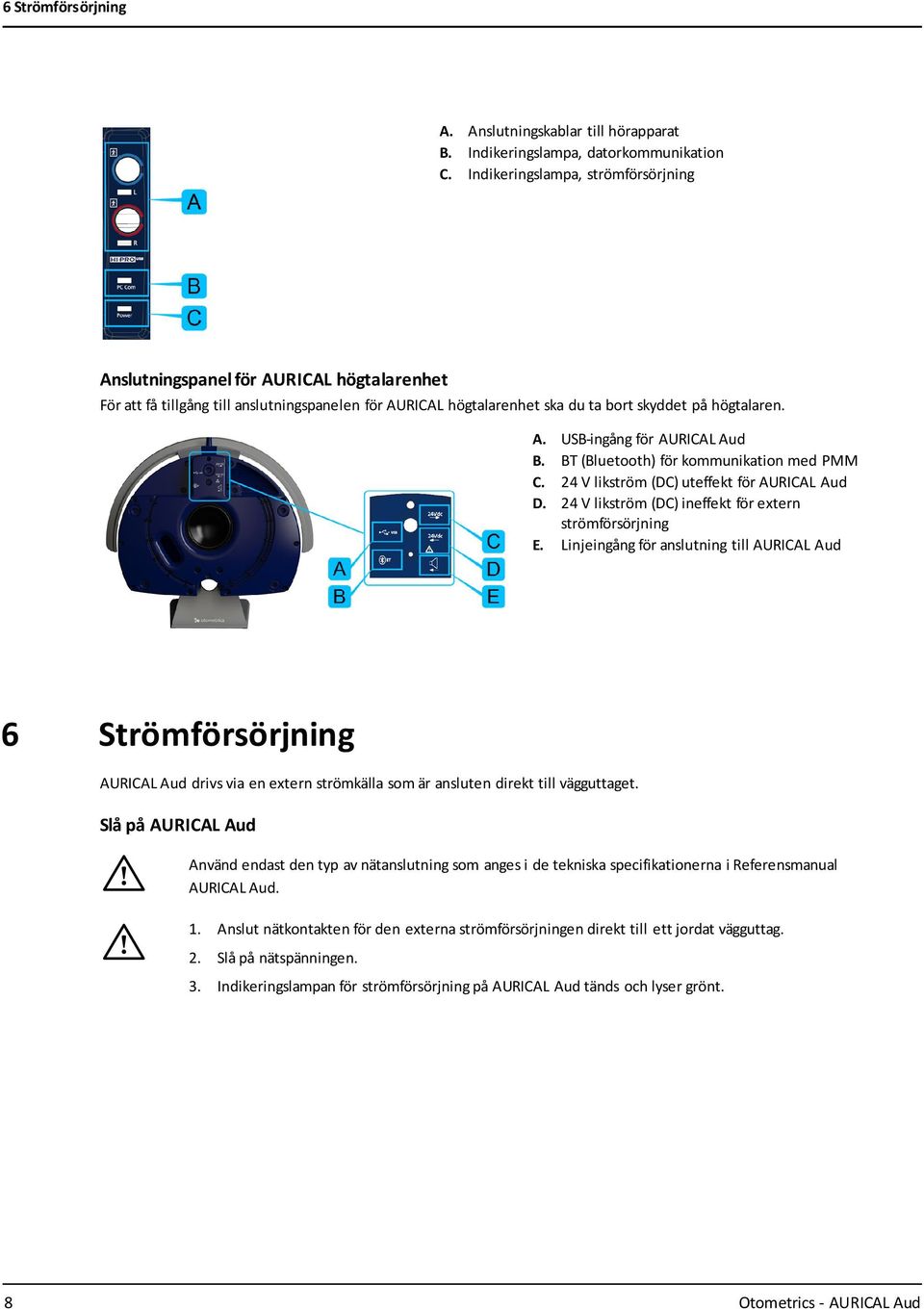 BT (Bluetooth) för kommunikation med PMM C. 24 V likström (DC) uteffekt för AURICAL Aud D. 24 V likström (DC) ineffekt för extern strömförsörjning E.