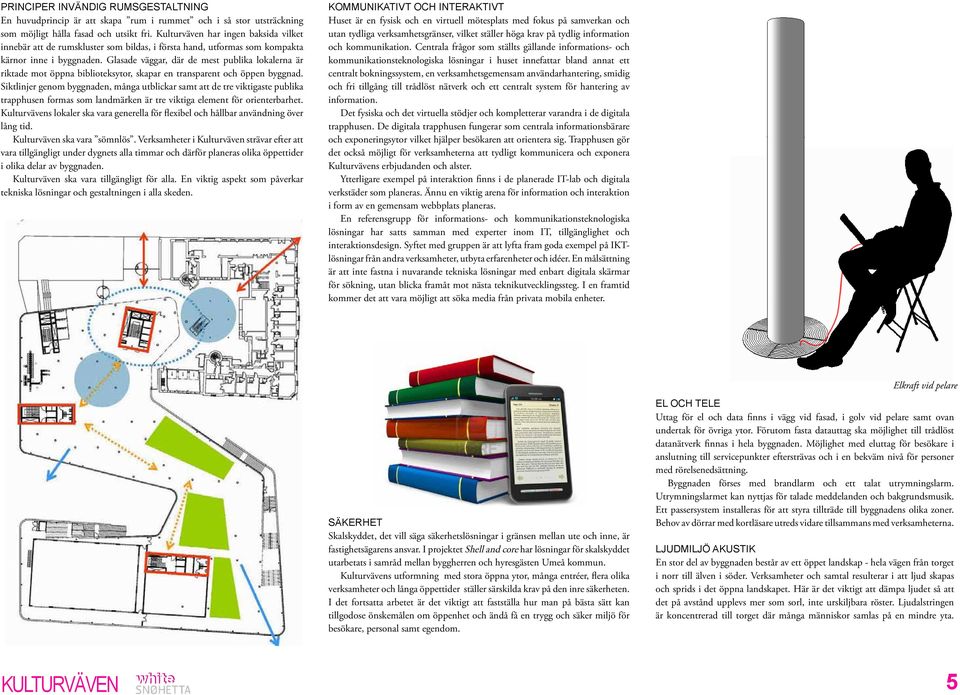 Glasade väggar, där de mest publika lokalerna är riktade mot öppna biblioteksytor, skapar en transparent och öppen byggnad.