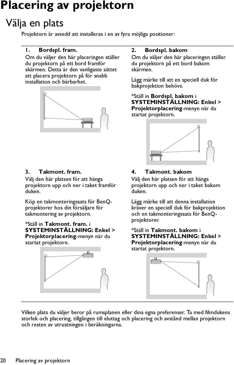 bakom Om du väljer den här placeringen ställer du projektorn på ett bord bakom skärmen. Lägg märke till att en speciell duk för bakprojektion behövs. *Ställ in Bordspl.