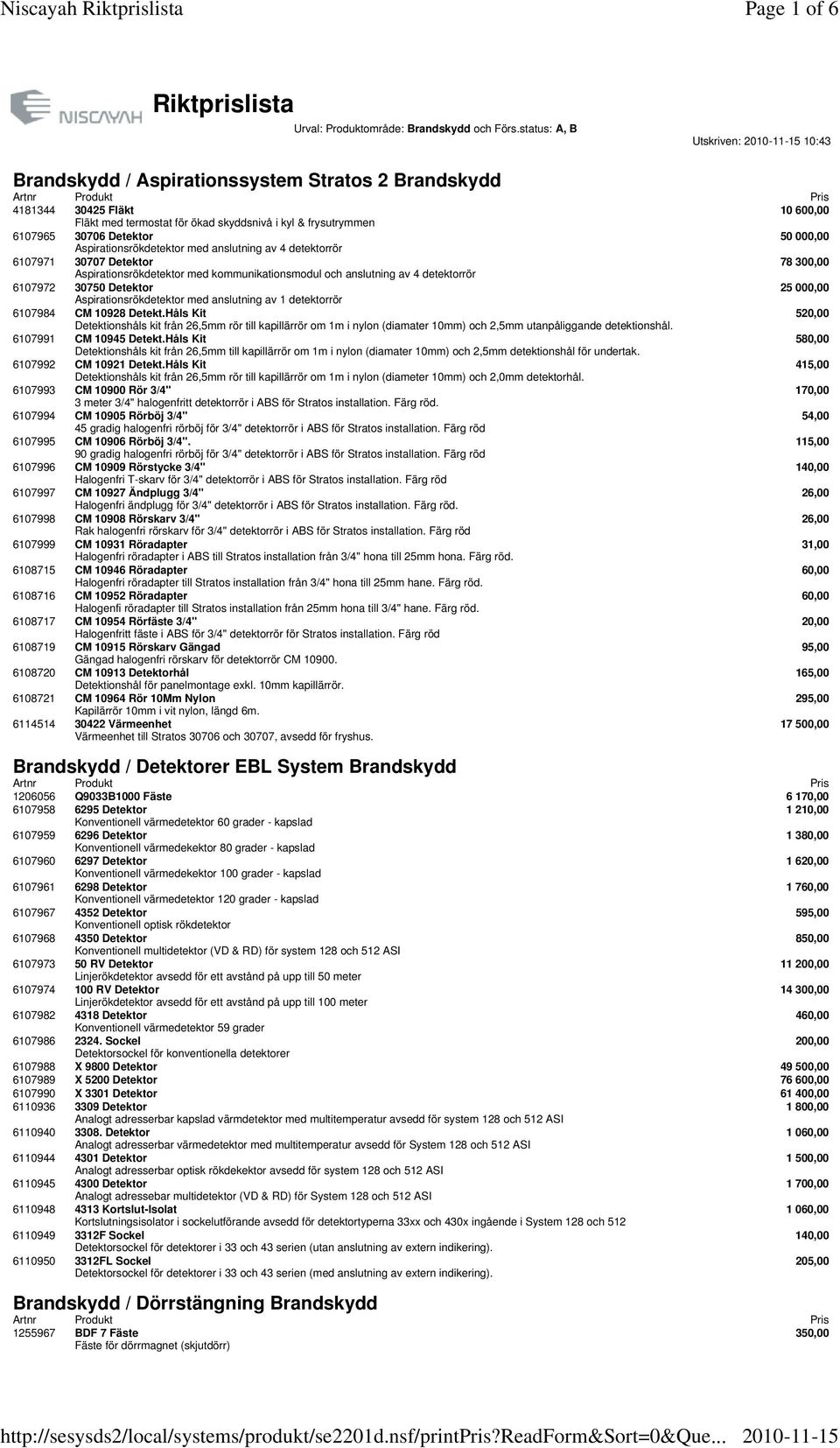 000,00 Aspirationsrökdetektor med anslutning av 4 detektorrör 6107971 30707 Detektor 78 300,00 Aspirationsrökdetektor med kommunikationsmodul och anslutning av 4 detektorrör 6107972 30750 Detektor 25