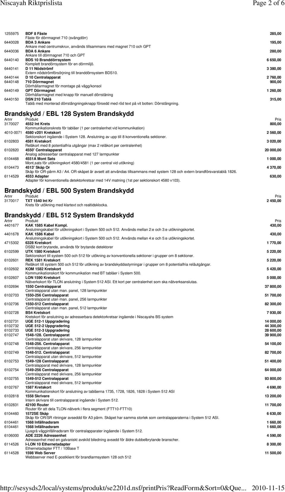 6440141 D 11 Nödströmf 3 380,00 Extern nödströmförsörjning till branddörrsystem BDS10.