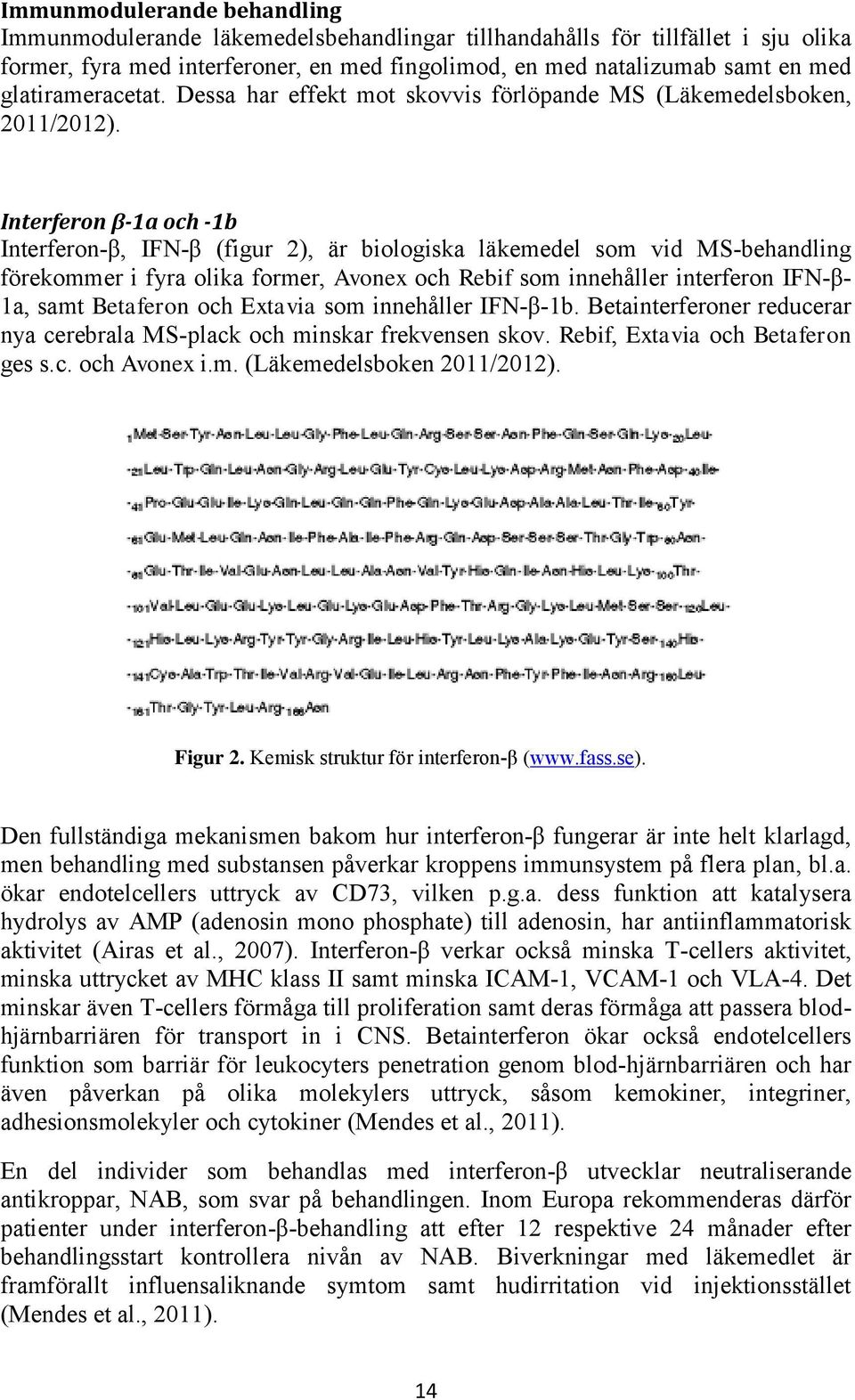 Interferon β-1a och -1b Interferon-β, IFN-β (figur 2), är biologiska läkemedel som vid MS-behandling förekommer i fyra olika former, Avonex och Rebif som innehåller interferon IFN-β- 1a, samt