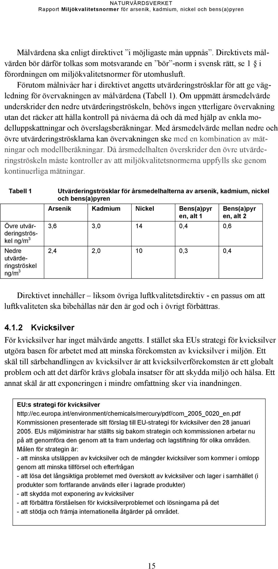 Förutom målnivåer har i direktivet angetts utvärderingströsklar för att ge vägledning för övervakningen av målvärdena (Tabell 1).