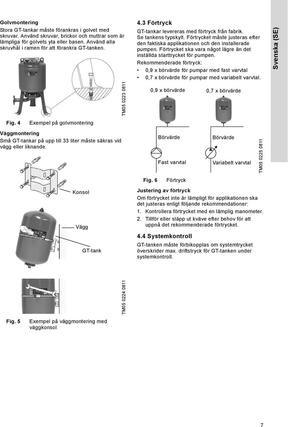 Förtrycket måste justeras efter den faktiska applikationen och den installerade pumpen. Förtrycket ska vara något lägre än det inställda starttrycket för pumpen.