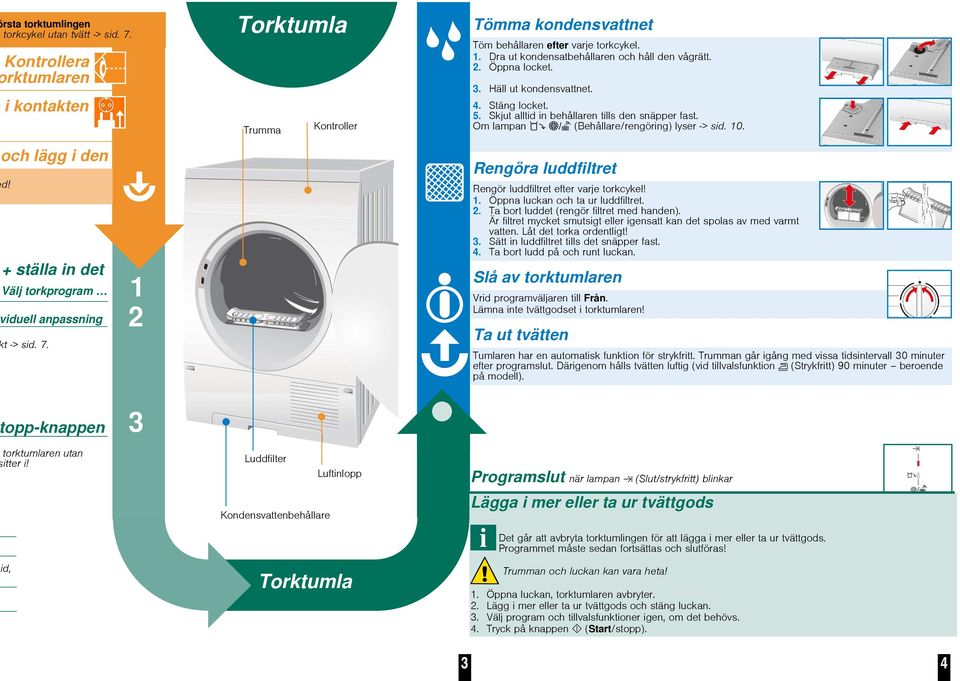 Om lampan / (Behållare/rengöring) lyser -> sid. 10. Rengöra luddfiltret Rengör luddfiltret efter varje torkcykel! 1. Öppna luckan och ta ur luddfiltret. 2. Ta bort luddet (rengör filtret med handen).