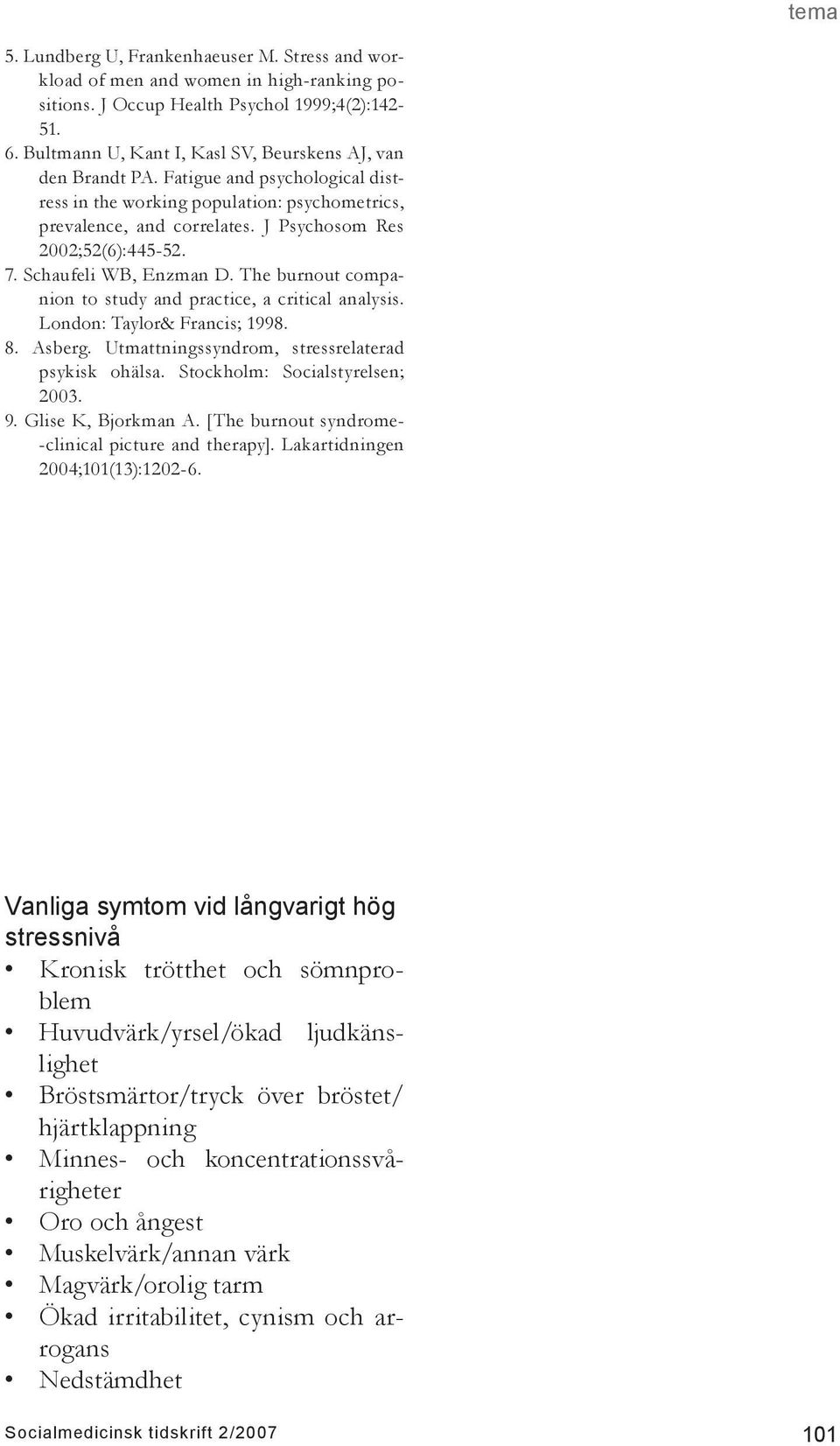 J Psychosom Res 2002;52(6):445-52. 7. Schaufeli WB, Enzman D. The burnout companion to study and practice, a critical analysis. London: Taylor& Francis; 1998. 8. Asberg.