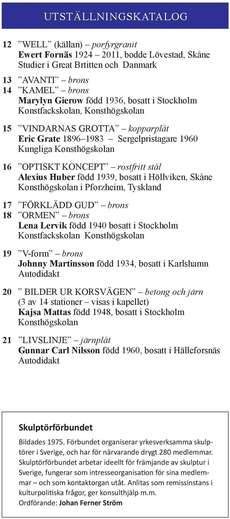 bosatt i Höllviken, Skåne Konsthögskolan i Pforzheim, Tyskland 17 FÖRKLÄDD GUD brons 18 ORMEN brons Lena Lervik född 1940 bosatt i Stockholm Konstfackskolan Konsthögskolan 19 V-form brons Johnny