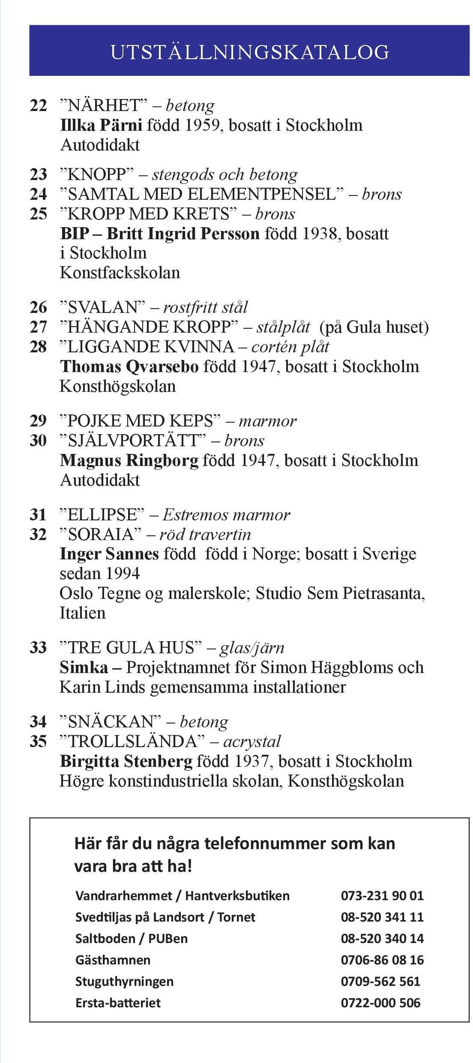 Konsthögskolan 29 POJKE MED KEPS marmor 30 SJÄLVPORTÄTT brons Magnus Ringborg född 1947, bosatt i Stockholm Autodidakt 31 ELLIPSE Estremos marmor 32 SORAIA röd travertin Inger Sannes född född i