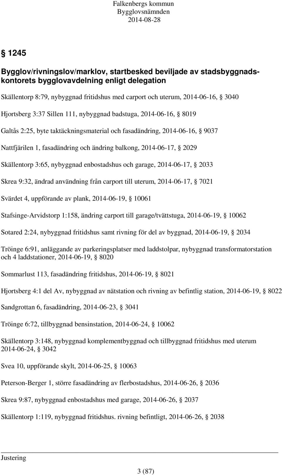 2014-06-17, 2029 Skällentorp 3:65, nybyggnad enbostadshus och garage, 2014-06-17, 2033 Skrea 9:32, ändrad användning från carport till uterum, 2014-06-17, 7021 Svärdet 4, uppförande av plank,