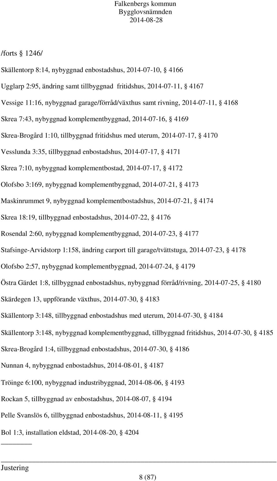 2014-07-17, 4171 Skrea 7:10, nybyggnad komplementbostad, 2014-07-17, 4172 Olofsbo 3:169, nybyggnad komplementbyggnad, 2014-07-21, 4173 Maskinrummet 9, nybyggnad komplementbostadshus, 2014-07-21, 4174