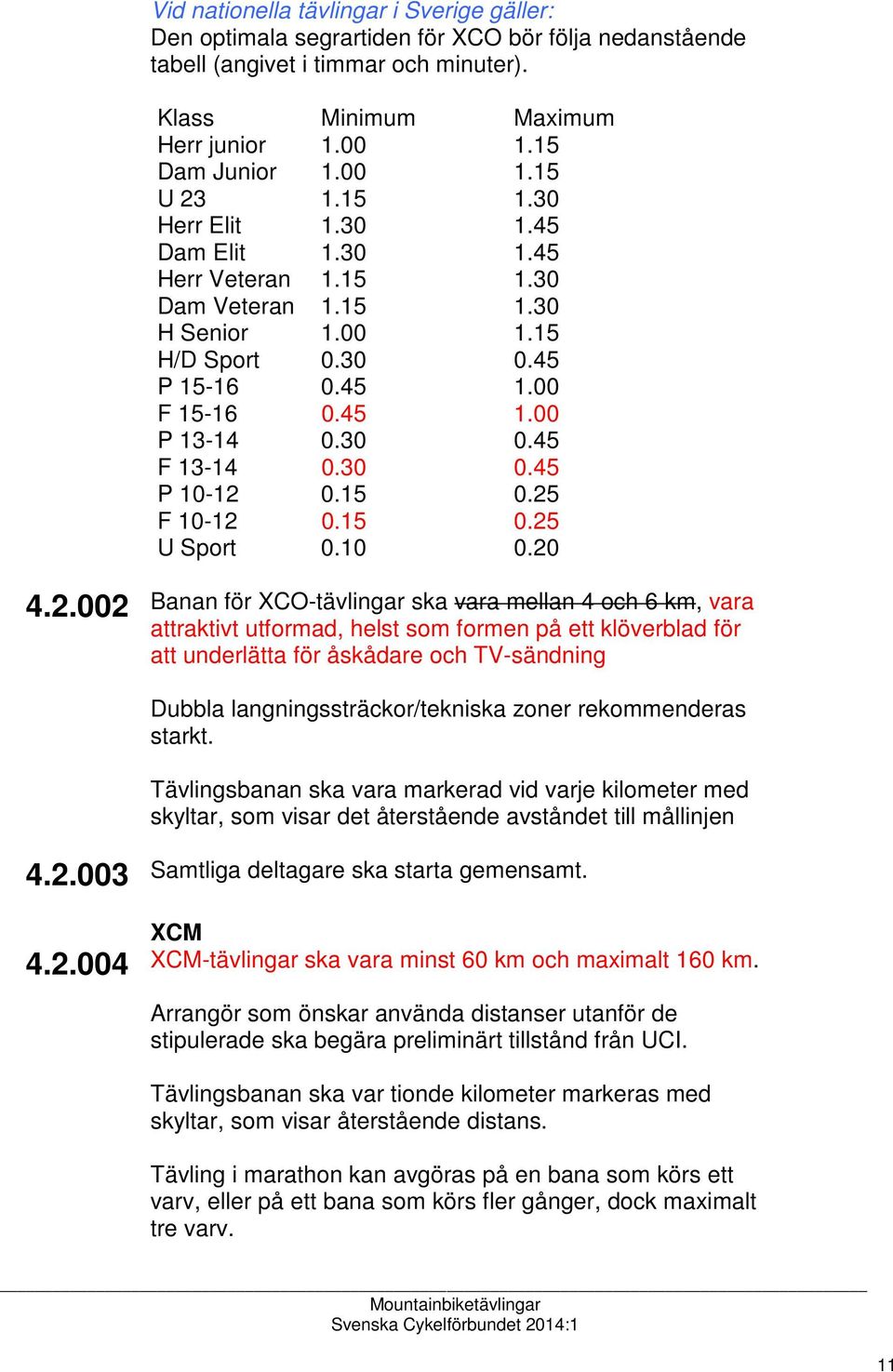 25 F 10-12 0.15 0.25 U Sport 0.10 0.20 4.2.002 Banan för XCO-tävlingar ska vara mellan 4 och 6 km, vara attraktivt utformad, helst som formen på ett klöverblad för att underlätta för åskådare och