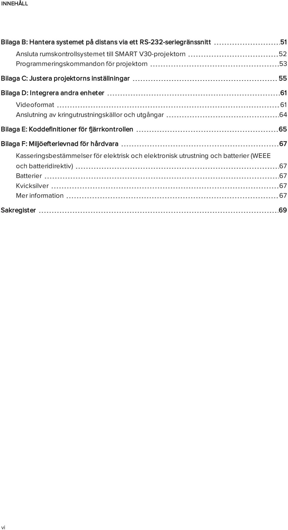 Anslutning av kringutrustningskällor och utgångar 64 Bilaga E: Koddefinitioner för fjärrkontrollen 65 Bilaga F: Miljöefterlevnad för hårdvara 67