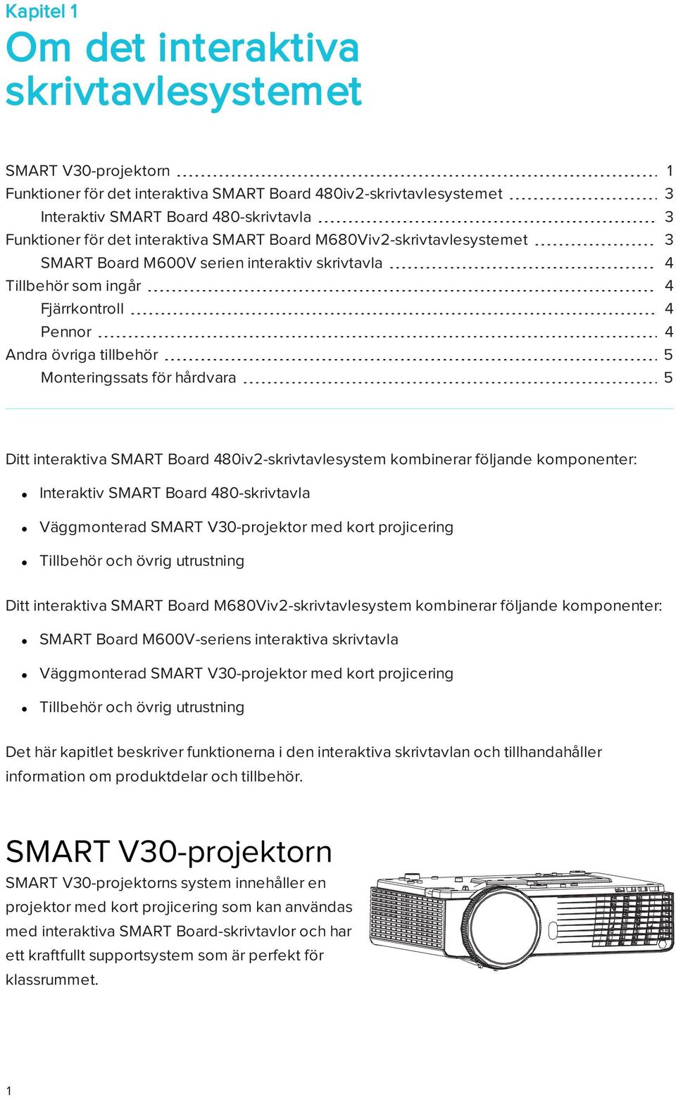 hårdvara 5 Ditt interaktiva SMART Board 480iv2-skrivtavlesystem kombinerar följande komponenter: Interaktiv SMART Board 480-skrivtavla Väggmonterad SMART V30-projektor med kort projicering Tillbehör